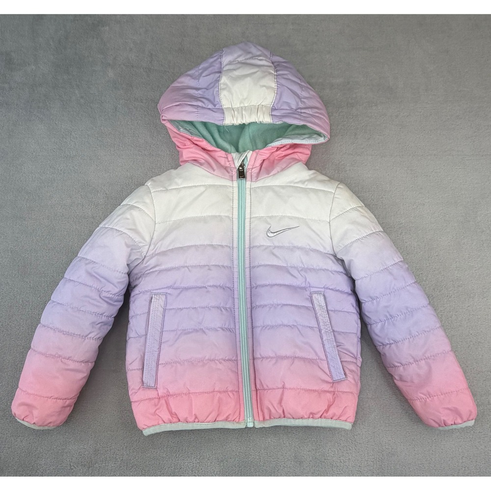 Nike Girls Puffer Jacket 2T Pink Purple Ombre Hooded Full Zip Fleece Lined Coat